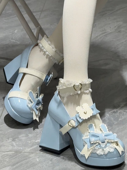 Polished Blue Sweet Lolita Bunny Decorated Bowknot Details Lace Trim Platform High Block Heels