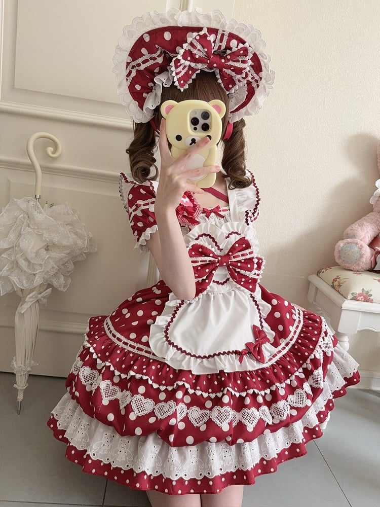White Polka Dots Red Square Neckline Lolita Short Sleeves Dress with Apron