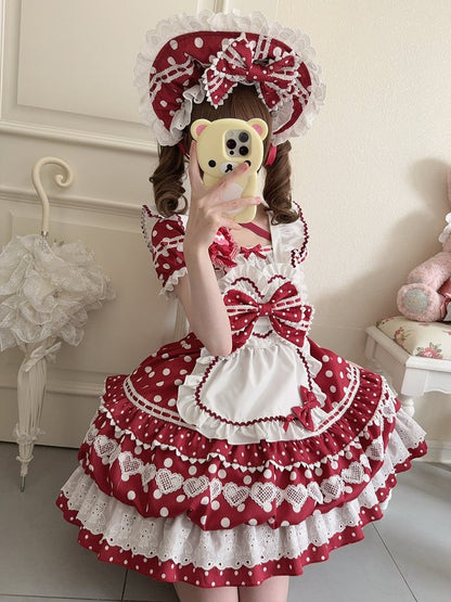White Polka Dots Red Square Neckline Lolita Short Sleeves Dress with Apron