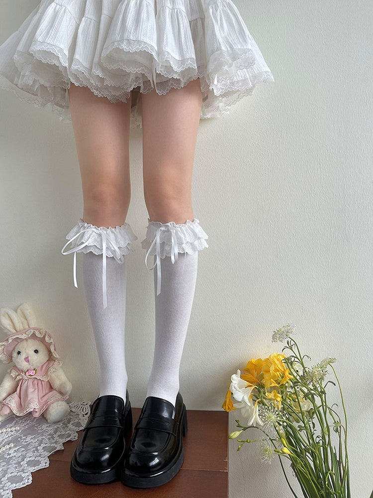 White/Black Bowknot Details Double-layer Lace Underknee Stockings