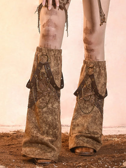 Wasteland Punk Denim and Mesh Patchwork Leg Sleeves with Straps and Chains