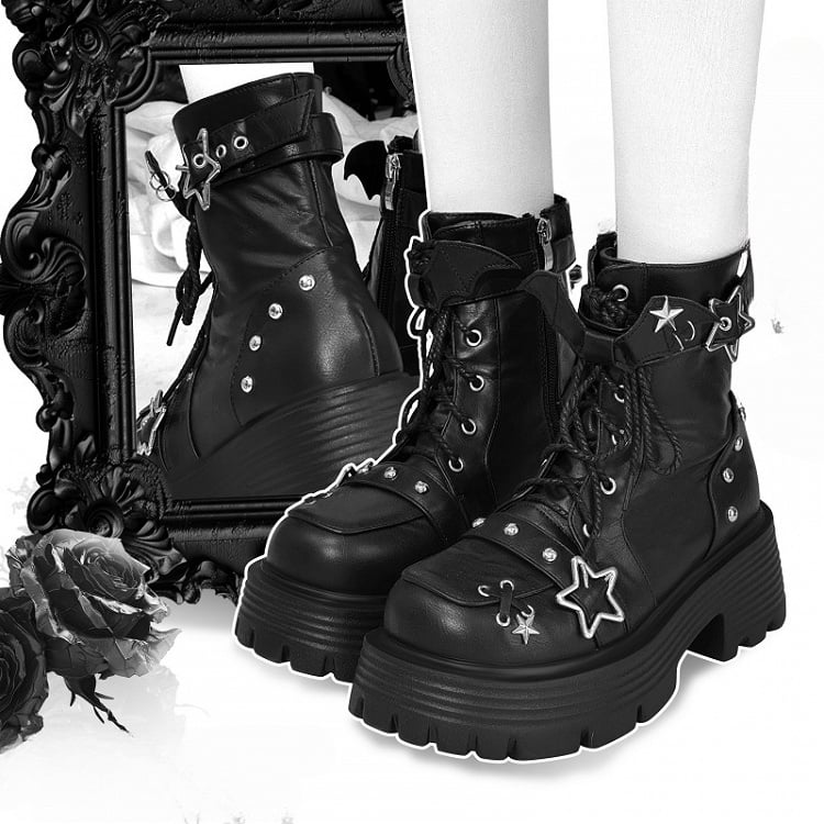 Black Star Buckle Straps Bat Wings Y2K Platform Ankle Boots