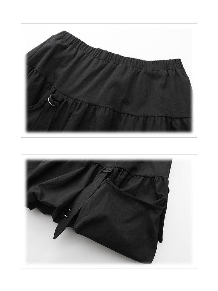 Plus Size Black Knee-Length Bubble Skirt with Hooked Pockets & Elastic Waist