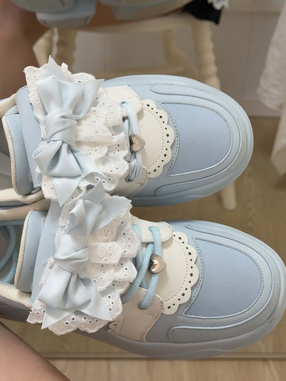 Blue Jirai Kei Detachable Bowknot Lace Trim Front Lace-up Ties Sneakers
