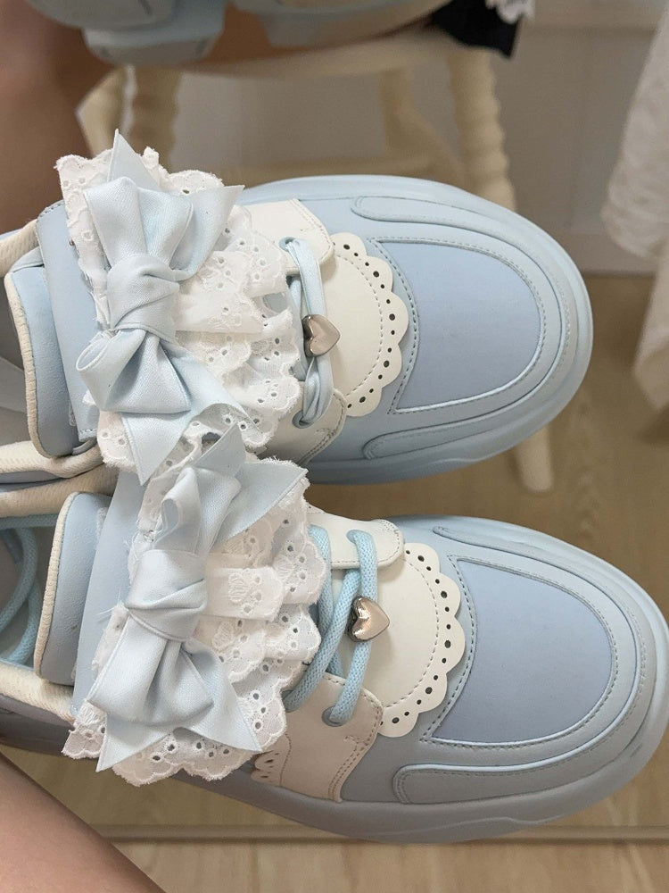 Blue Jirai Kei Detachable Bowknot Lace Trim Front Lace-up Ties Sneakers