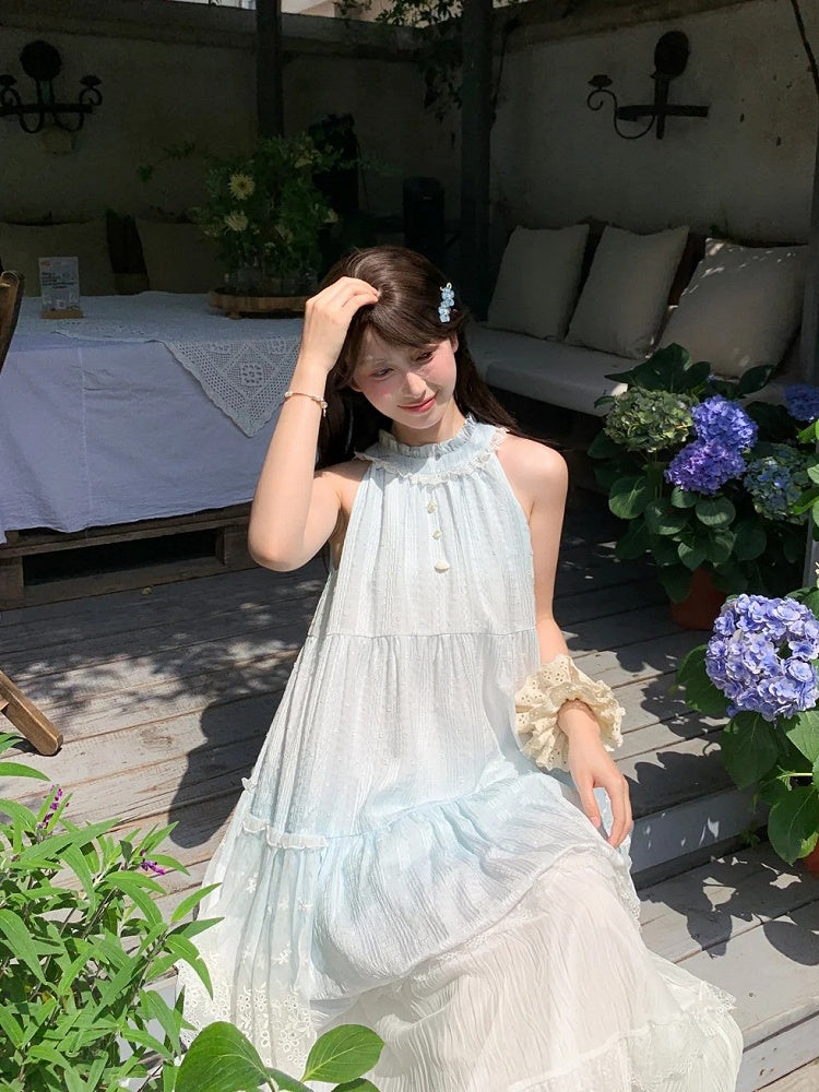 Light Blue Ruffled Halter Neck Bead Buttons Sleeveless Dress Bubble Skirt