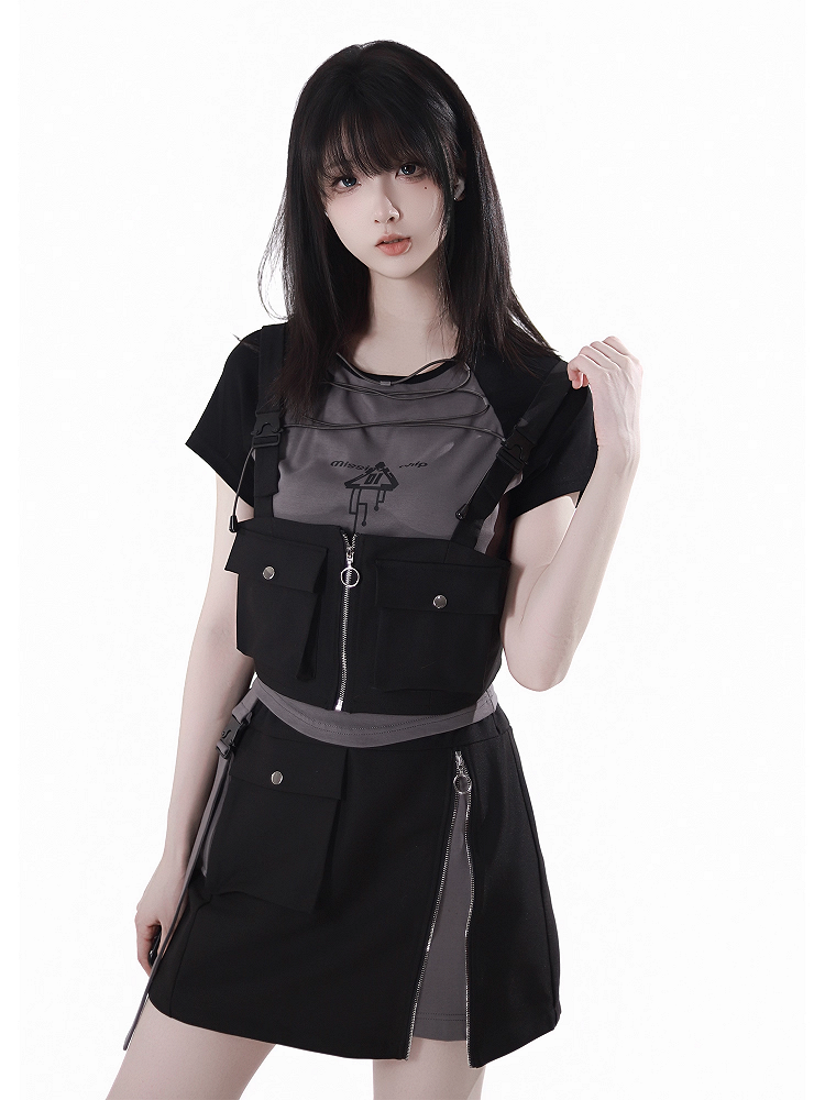 Black and Gray Snap and Zipper Detail Techwear Skirt