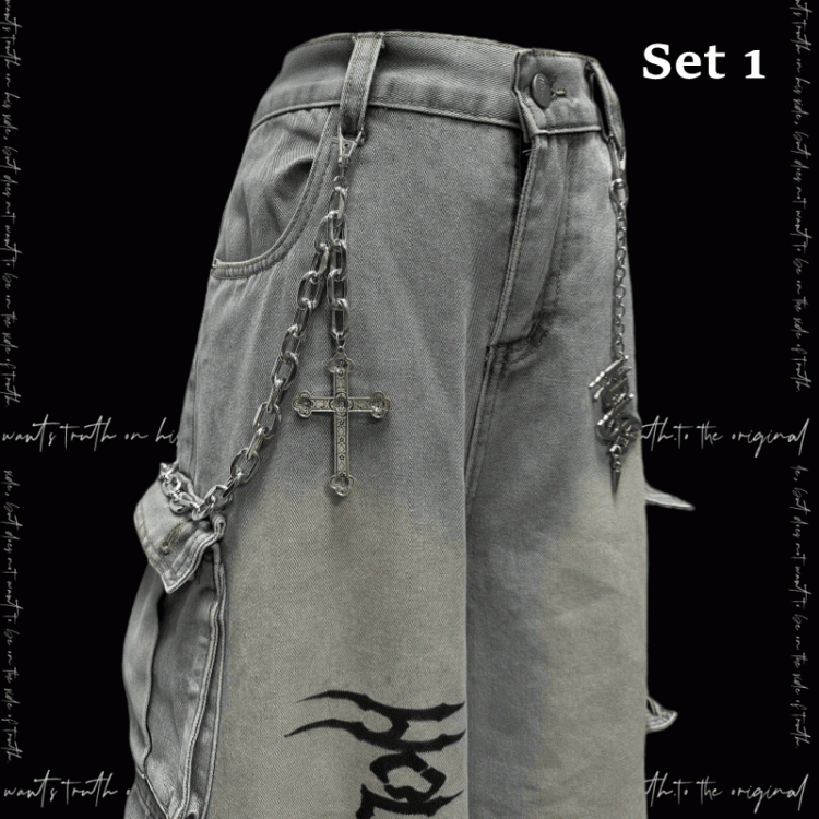 Light Blue Punk Rock Wide-leg Cargo Jeans with Free Charm
