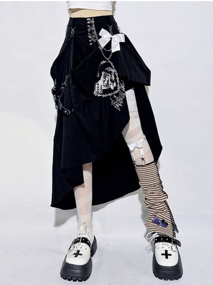 Punk Black Pin Chain Asymmetrical Hem Kitty Print Detachable Bow Skirt