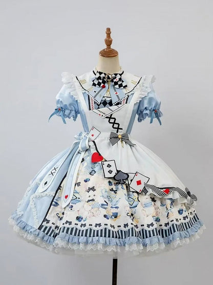 Alice in Wonderland Vibes Blue Bunny and Teapot Print Apron Dress Sweet Lolita OP / Full Set