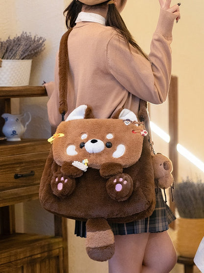 Brown Red Panda-shaped Plush Fold-over Flap Backpack Bag Middle/Large Size