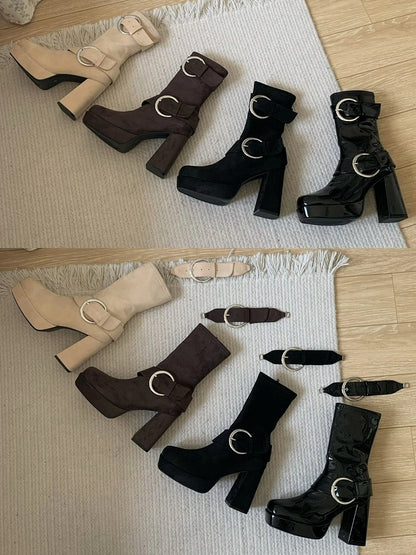 Platform Black High Block Heel Boots with Square Toe Design, Decorative Buckles & Inner Zip