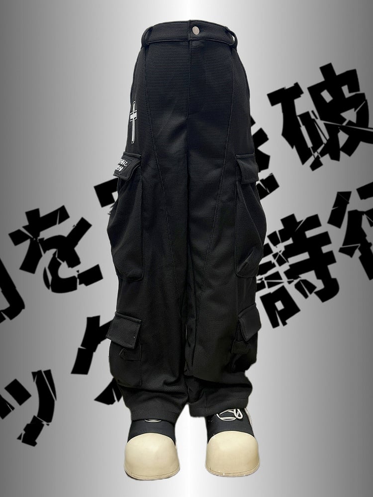 Black Punk Rock Cross And Letter Applique Cargo Pockets Decorated Wide-Leg Cargo Pants
