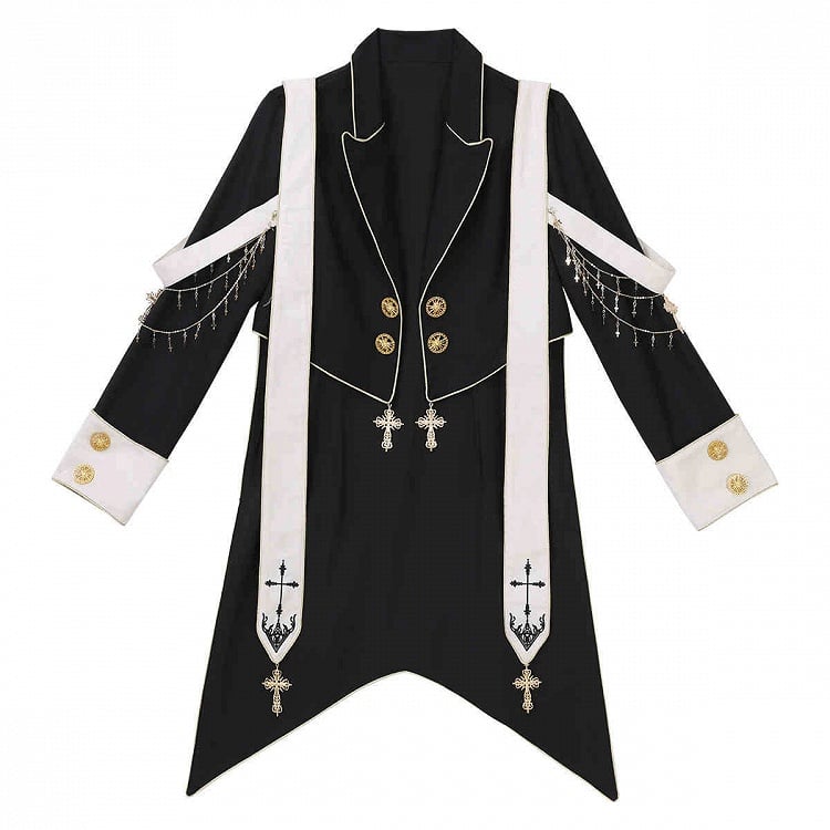 Clearance-Size L for Bust 98CM Black Ouji Lolita Cross Chains and Charms Decorated Stole Swallow Tail Blazer Coat
