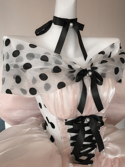 Pink Satin Sweet Lolita Dress with Polka Dot Off-the-Shoulder Detail and Large Bow