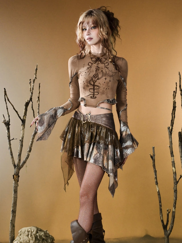 Brown Wasteland Punk Snakeskin Pattern Print Design Bell Sleeves Top