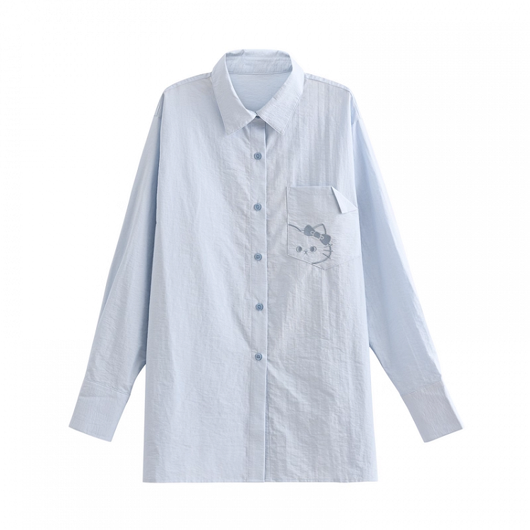 Kitty Embroidery on Pocket Kitty-shaped Cutout Detail Back Blue/Pink Loose Shirt