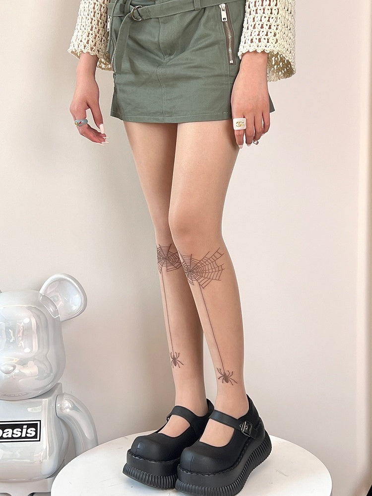 Nude Y2K Spider And Spiderweb Pattern Tights