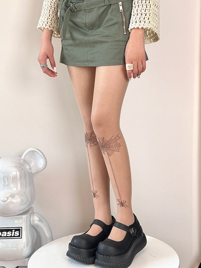 Nude Y2K Spider And Spiderweb Pattern Tights