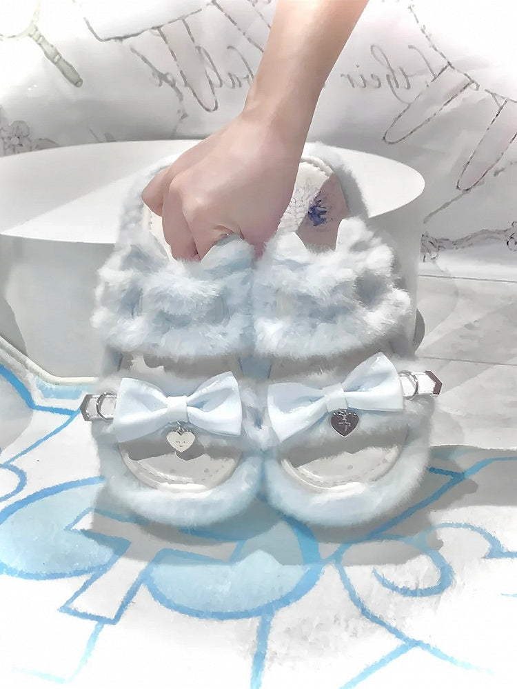 Light Blue Jirai Kei Plush Slippers: Embroidered Cat Design with Platform Sole & Top Bow