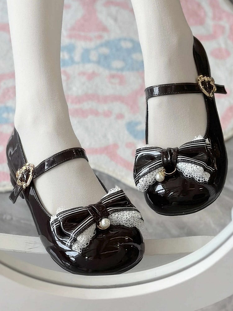 Dark Brown Lace Trim and Bead Charm Decorated Bowknot Sweet Lolita Mary Janes