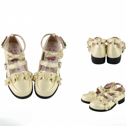 Yellow Ruffles Trim Bowknot Decorated Heart Buckles Lolita Shoes