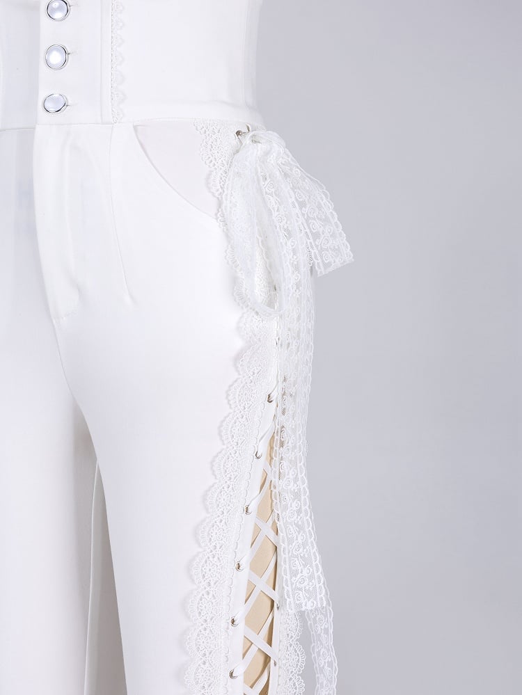 White Boned High Waist Side-Tie Lace Flare Pants