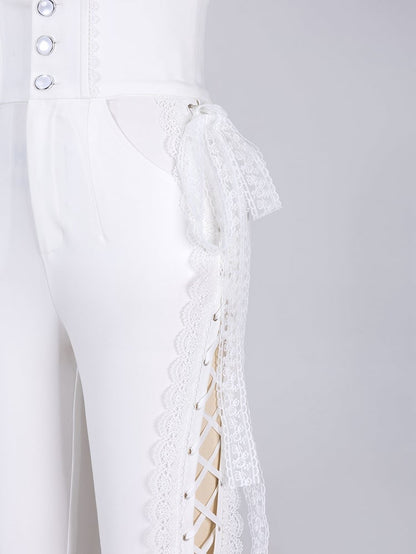 White Boned High Waist Side-Tie Lace Flare Pants