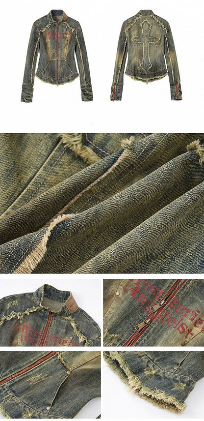 Blue Cross Patch Rock Punk Distressed Denim Jacket with Zip Cuffs