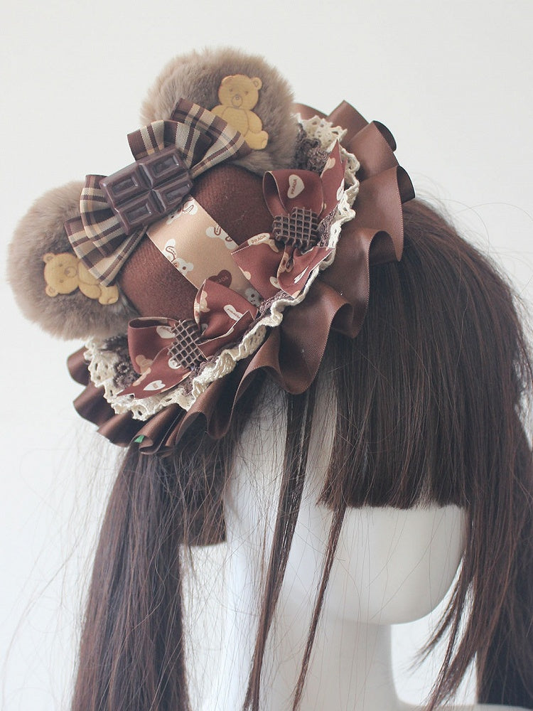 6 Color Options Chocolate Decorated Bowknot Details Plush Bear Ear Mini Hat