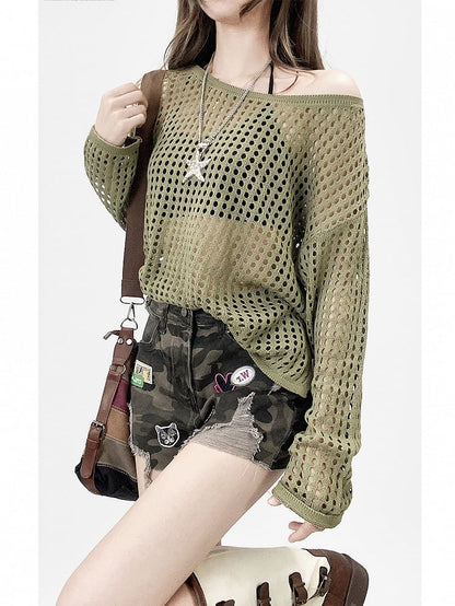 Army Green Hollow-out Design Semi-sheer Long Sleeves Top