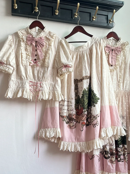 Plus Sizes Available Creamy Short Sleeves Blouse + Little Grils and Toys Print Skirt Set