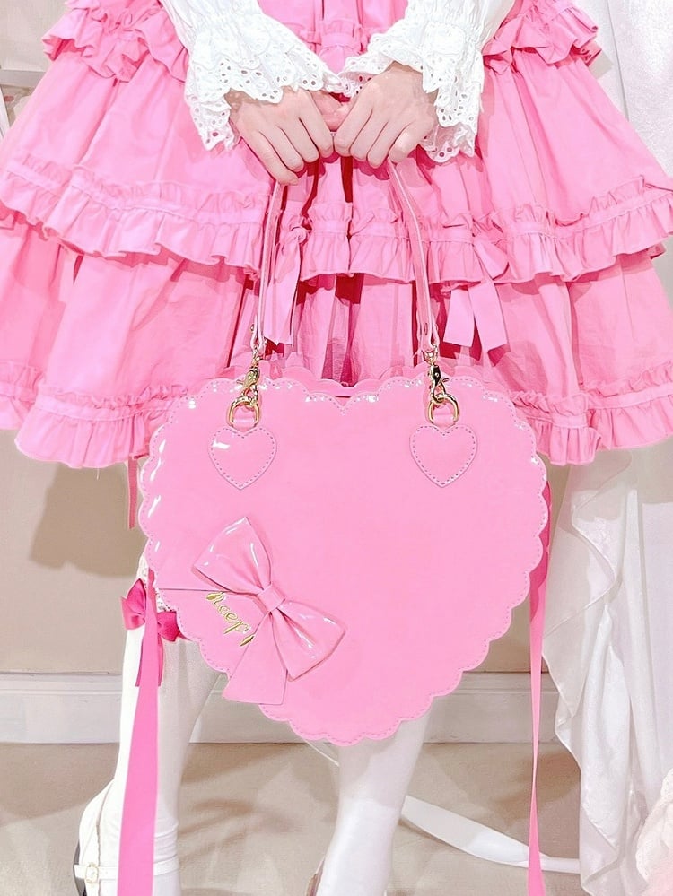 Barbie Pink Sweet Lolita 2-Way Bag in PU Leather - Heart-shaped Design, Bow Accents & Zip Closure