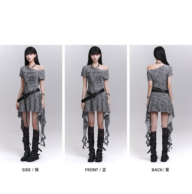 Asymmetrical Neckline Cascading Ruffles Gray/Black Tie Dye Dress with Waist Belt