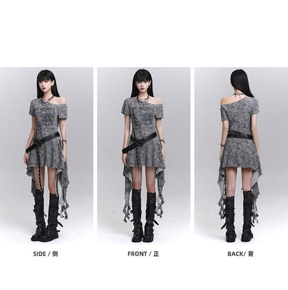 Asymmetrical Neckline Cascading Ruffles Gray/Black Tie Dye Dress with Waist Belt