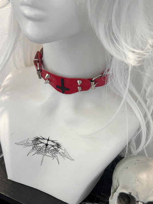 Red Punk Cross and Stud Decorated Choker
