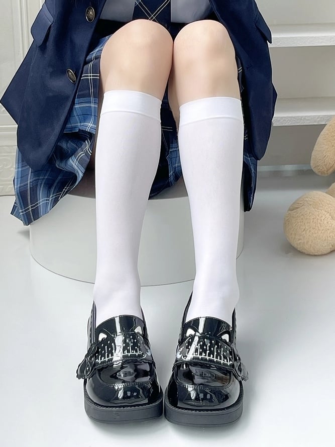 Milk Bottle Print & Kitty Ear Decor PU Black Mid-heel Slip-Ons in Preppy Style