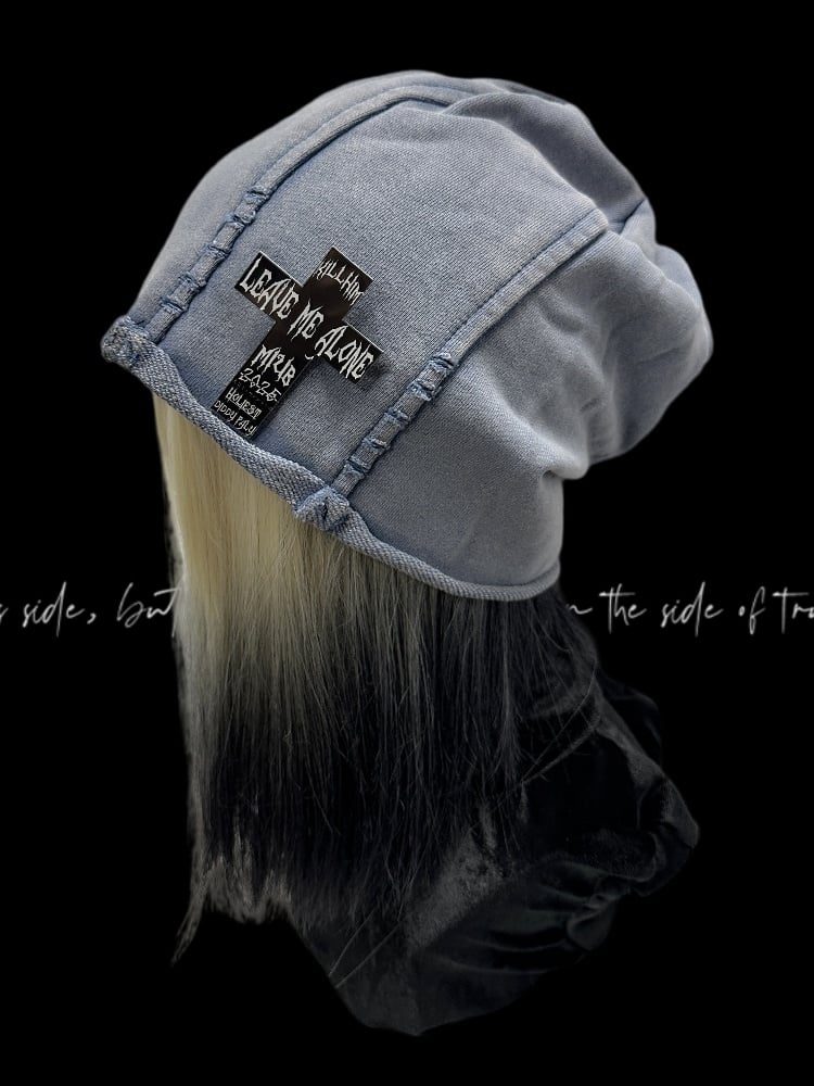 Y2K Black/Blue Rolled Hem Cross Accent Punk Rock Hat