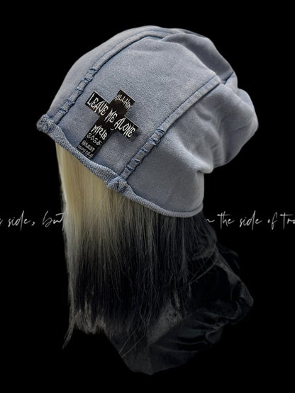 Y2K Black/Blue Rolled Hem Cross Accent Punk Rock Hat