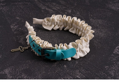 Side Blue PU Buckle White Cross and Pins Ruffled KC