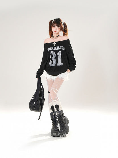 Black/White Off-the-shoulder Neckline Number Print Summer Sweatshirt