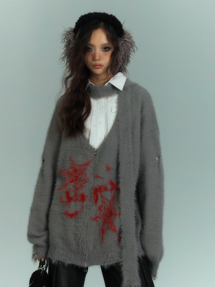 Punk Spiderwebs Gray V-neck Distressed Holes Loose Zip Cardigan with Scarf