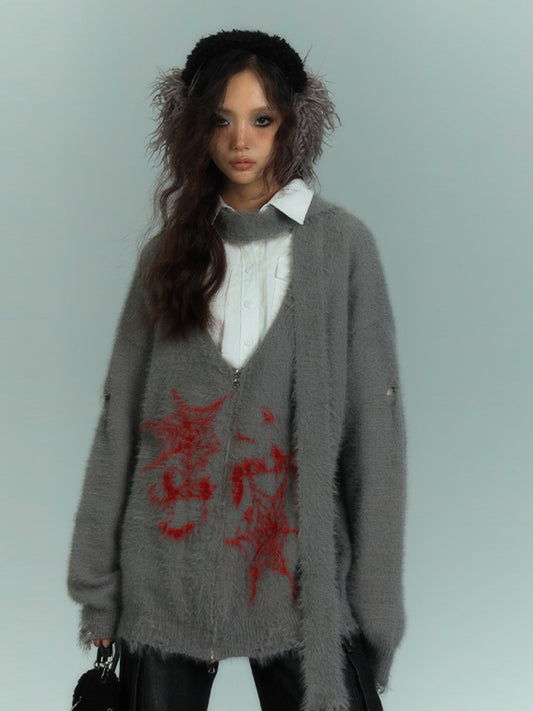 Punk Spiderwebs Gray V-neck Distressed Holes Loose Zip Cardigan with Scarf