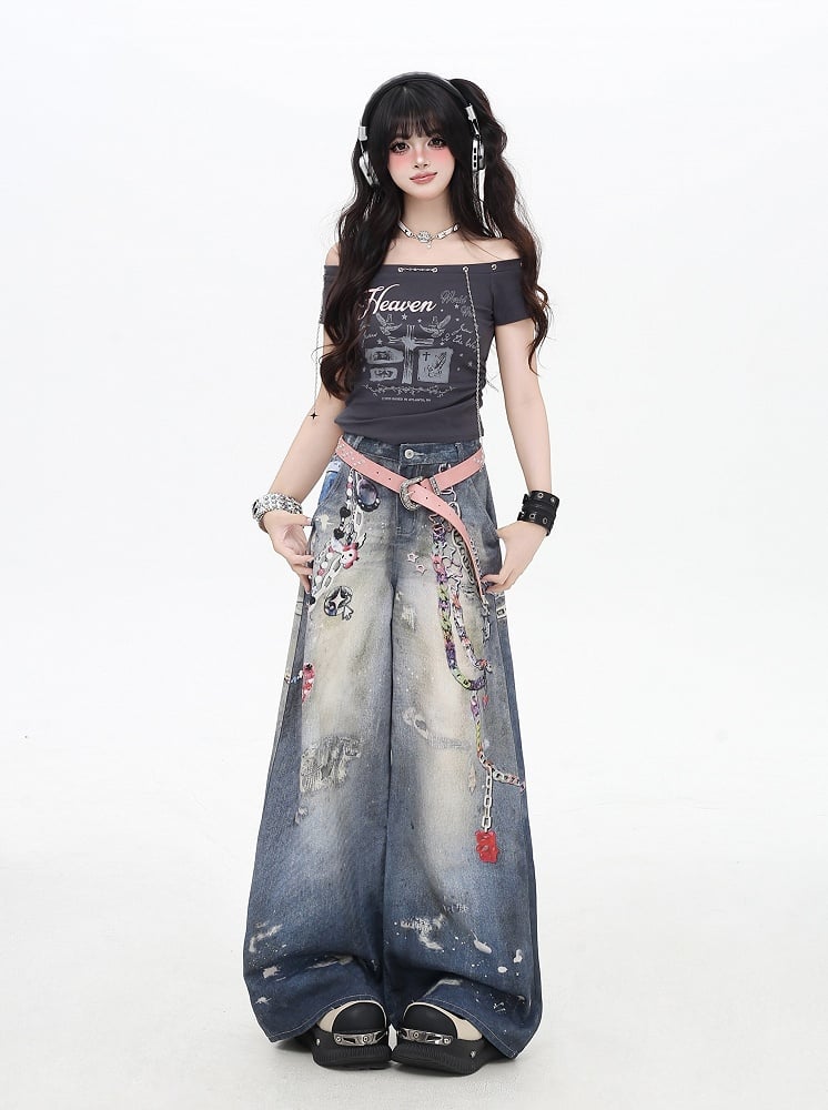 Chains Print Splash Ink Details Blue Low Rise Distressed Wide-leg Jeans