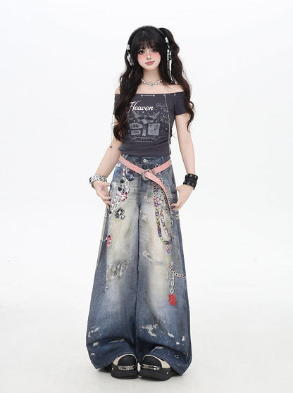 Chains Print Splash Ink Details Blue Low Rise Distressed Wide-leg Jeans