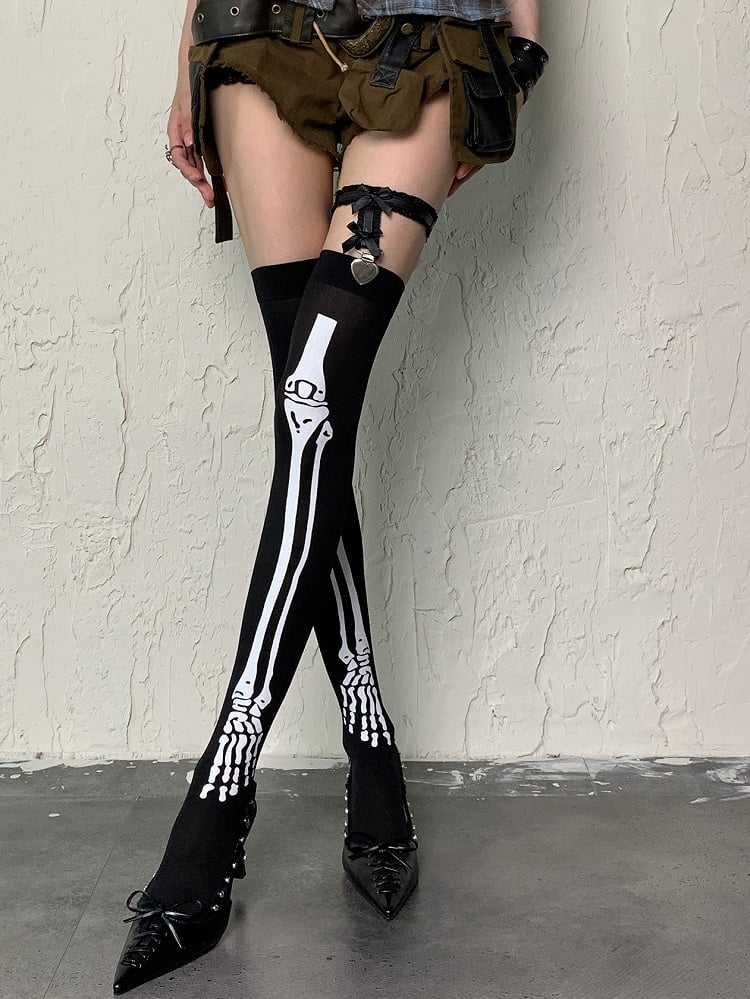 Black Y2K Bone Print Over-knee Stockings
