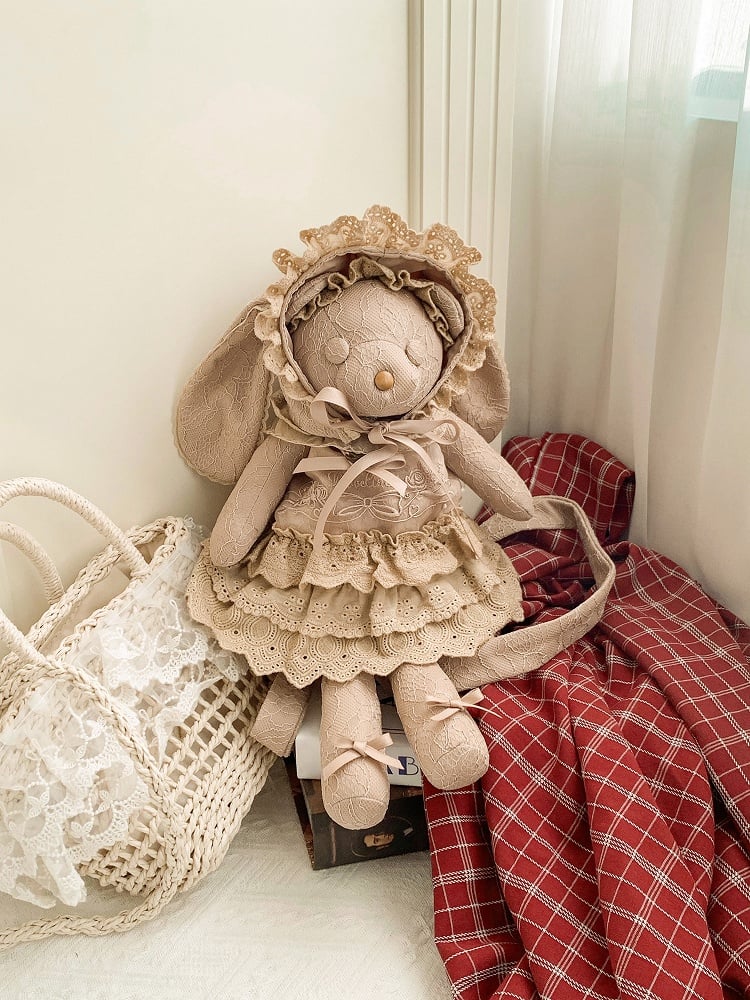 Brown Rosette and Bowknot Embroidery Dress + Bunny Ears Hat