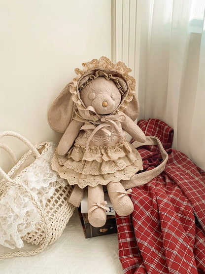 Brown Rosette and Bowknot Embroidery Dress + Bunny Ears Hat