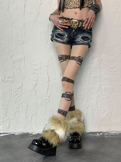 Nude Punk Buckle Straps Print Tights＋White&Brown Shaggy Leg Warmers Set