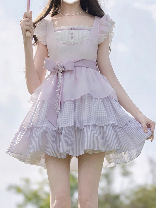 Sweet Lavender Flutter Sleeves Dress Tiered Skirt with Floral Brooch and Waist Belt